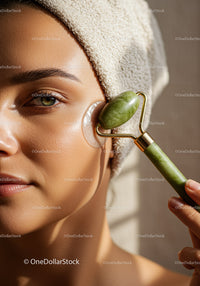 Woman Using Jade Roller for Facial Skincare Therapy