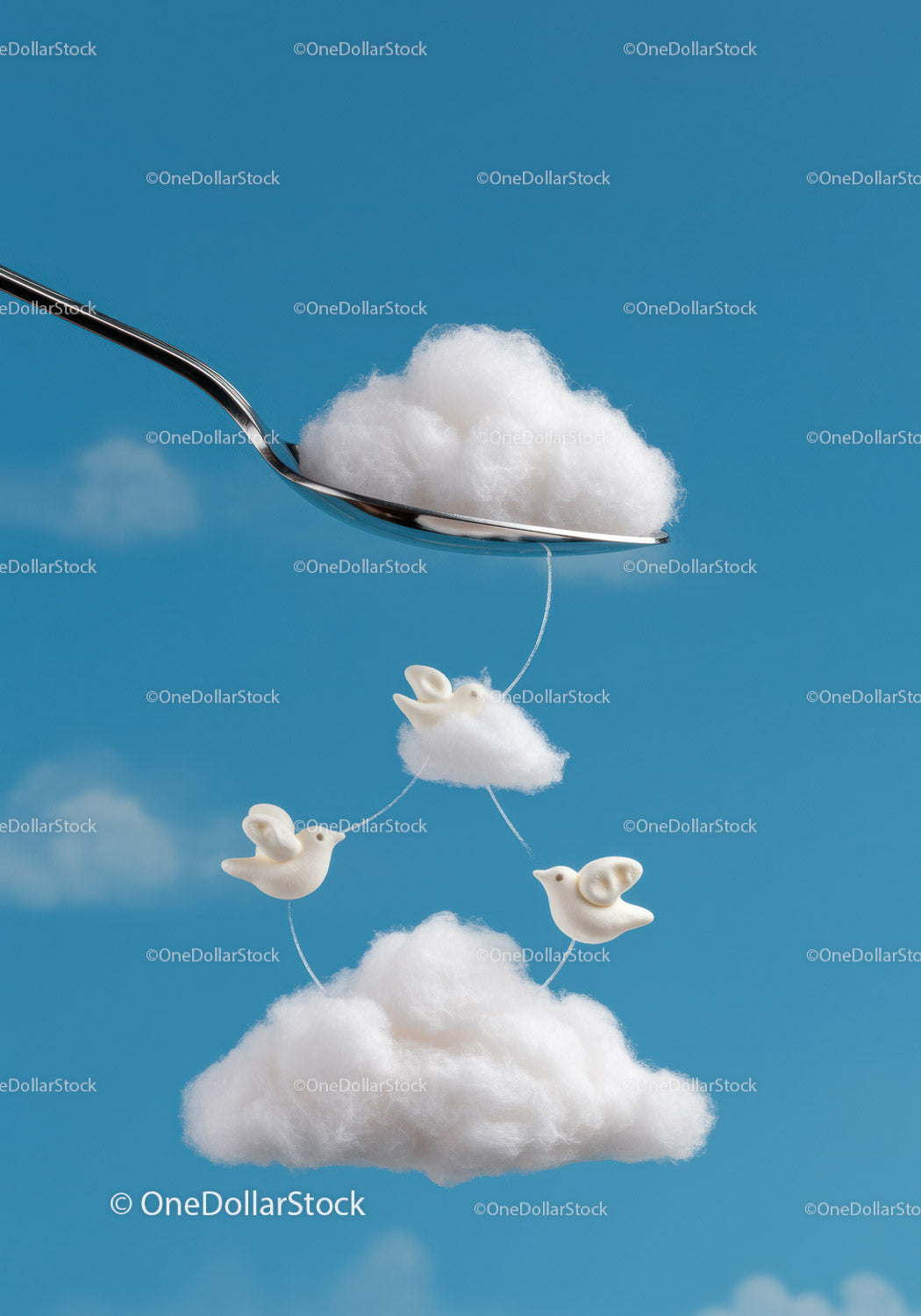Creative cotton clouds with ceramic birds on spoon