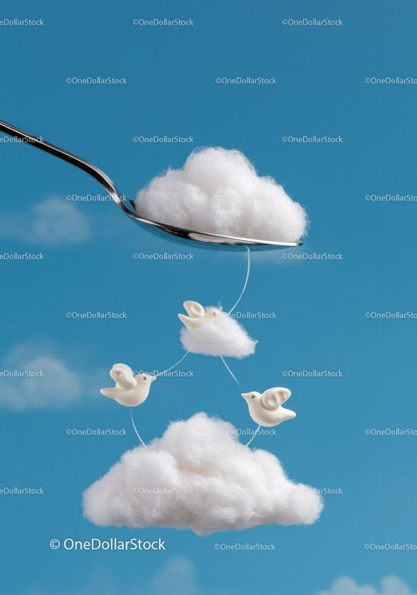 Creative cotton clouds with ceramic birds on spoon