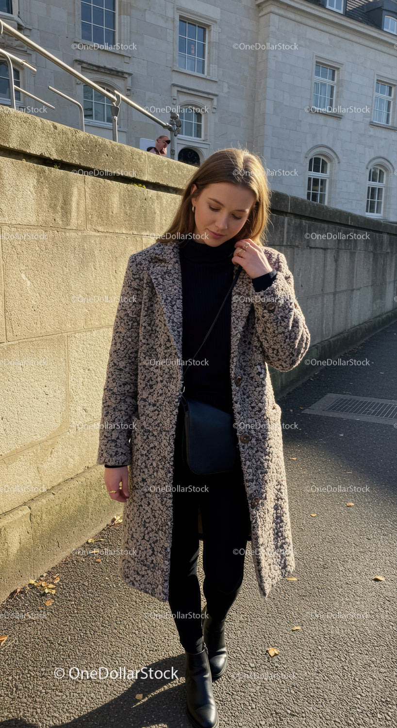 Elegant Woman Walking in City Street Wearing Stylish Coat and Boots