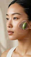 Young Asian Woman Using Jade Roller for Facial Skincare Therapy