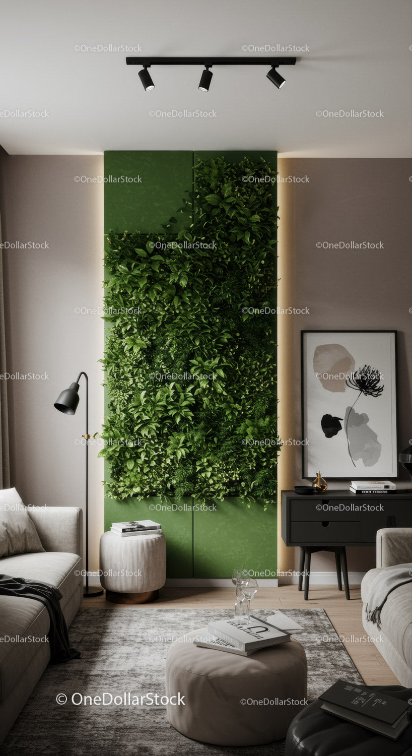Modern Living Room with Green Plant Wall and Stylish Furniture