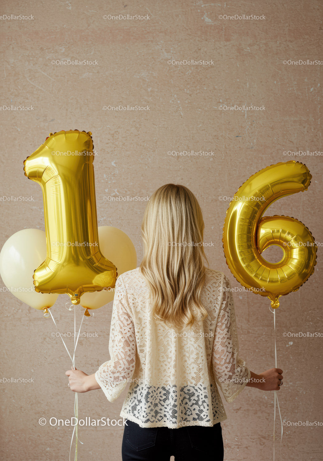 Woman Holding Gold Number Balloons Celebrating Sixteenth Birthday