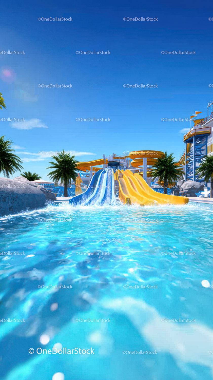 Vibrant Water Slides in Tropical Water Park Under Blue Sky
