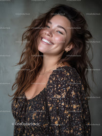 Happy Woman Smiling with Wavy Hair Wearing Casual Dress