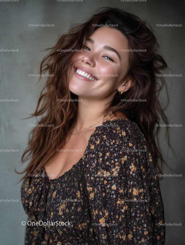 Happy Woman Smiling with Wavy Hair Wearing Casual Dress