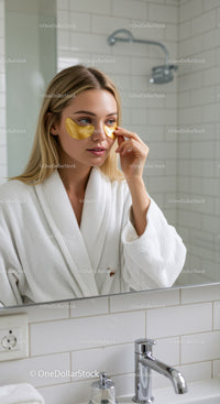 Woman Applying Under Eye Patches in Bathroom Mirror Skincare Routine