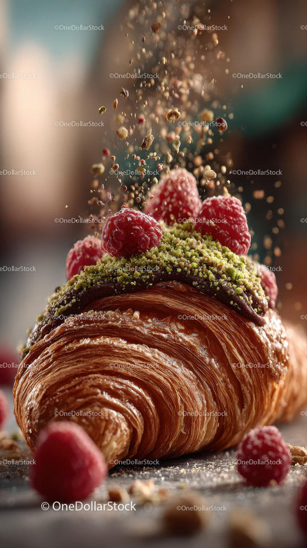 Delicious Croissant with Raspberries and Pistachios with Chocolate