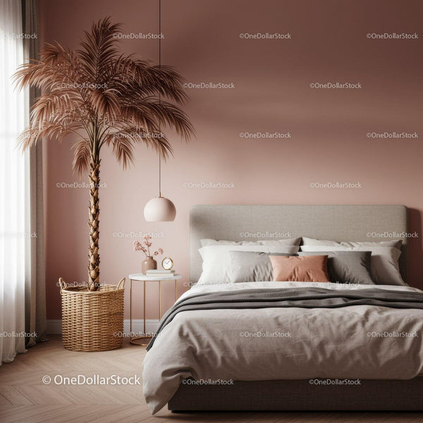 Elegant Modern Bedroom with Pink Accent Wall and Indoor Plant