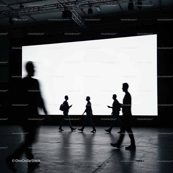 Silhouettes of people walking past large illuminated screen JPG Mockup Image