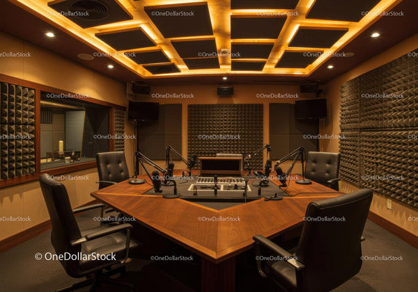 Profesjonalne dźwiękoszczelne studio nagraniowe z panelami akustycznymi i mikrofonami