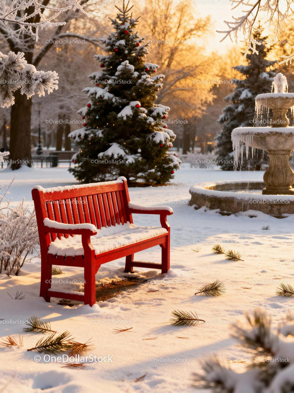 Snowy Red Bench Near Christmas Tree and Icy Fountain