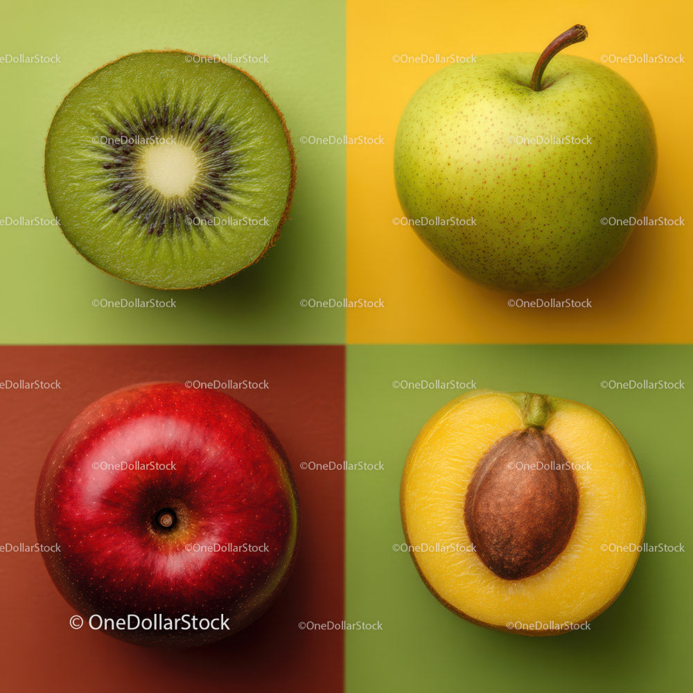 Fresh Fruits Composition with Kiwi, Apple and Apricot on Colorful Backgrounds