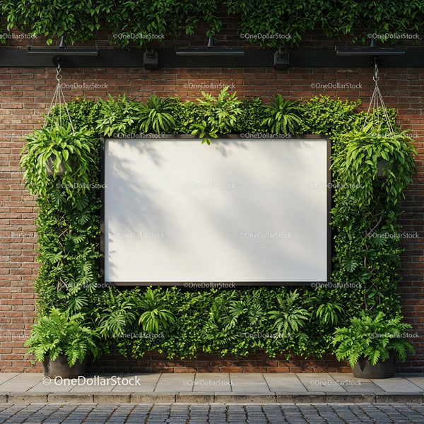 Blank Urban Billboard Surrounded by Lush Green Plants JPG Mockup Image