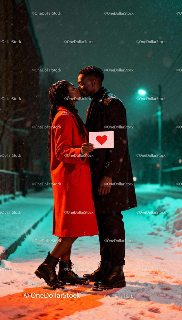 Couple sharing a tender kiss on snowy street at night