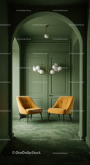 Stylish Green Walled Room with Modern Chairs and Elegant Chandelier