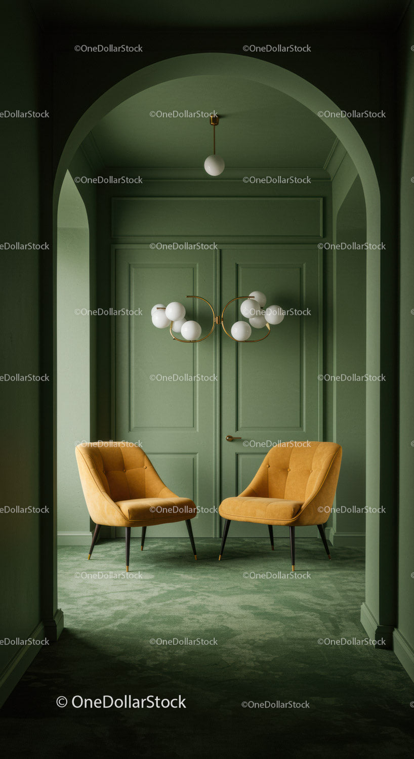 Stylish Green Walled Room with Modern Chairs and Elegant Chandelier