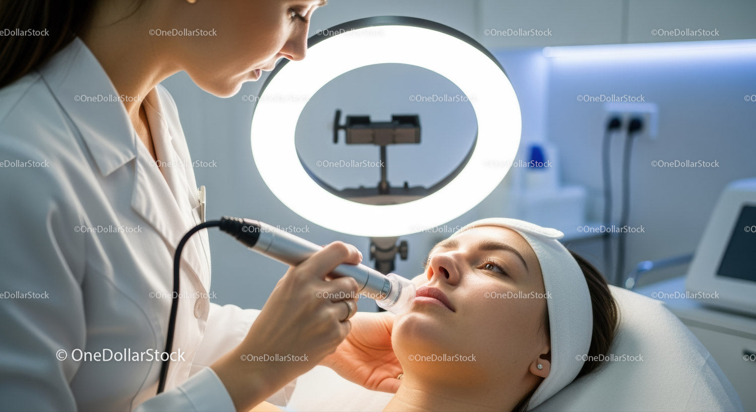 Dermatologist Performing Facial Skin Treatment in Modern Clinic