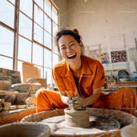 Joyful Woman Creating Handmade Pottery in Artistic Studio