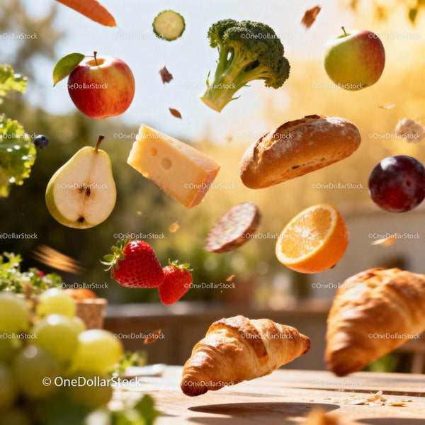 Fresh ingredients floating in warm sunlight outdoor