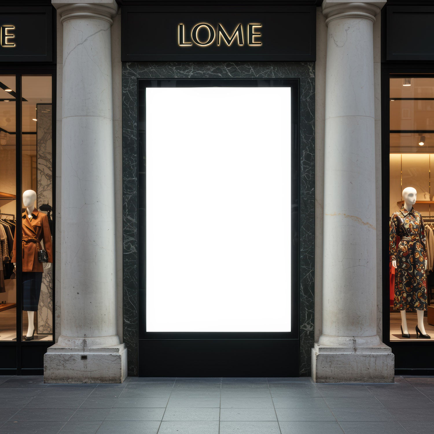 Empty illuminated billboard between marble columns at fashion store