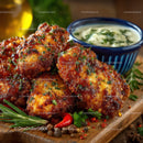 Spicy Glazed Chicken Wings with Fresh Herb Garnish and Yogurt Dip