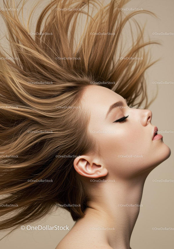 Profile of woman with flowing hair and soft makeup
