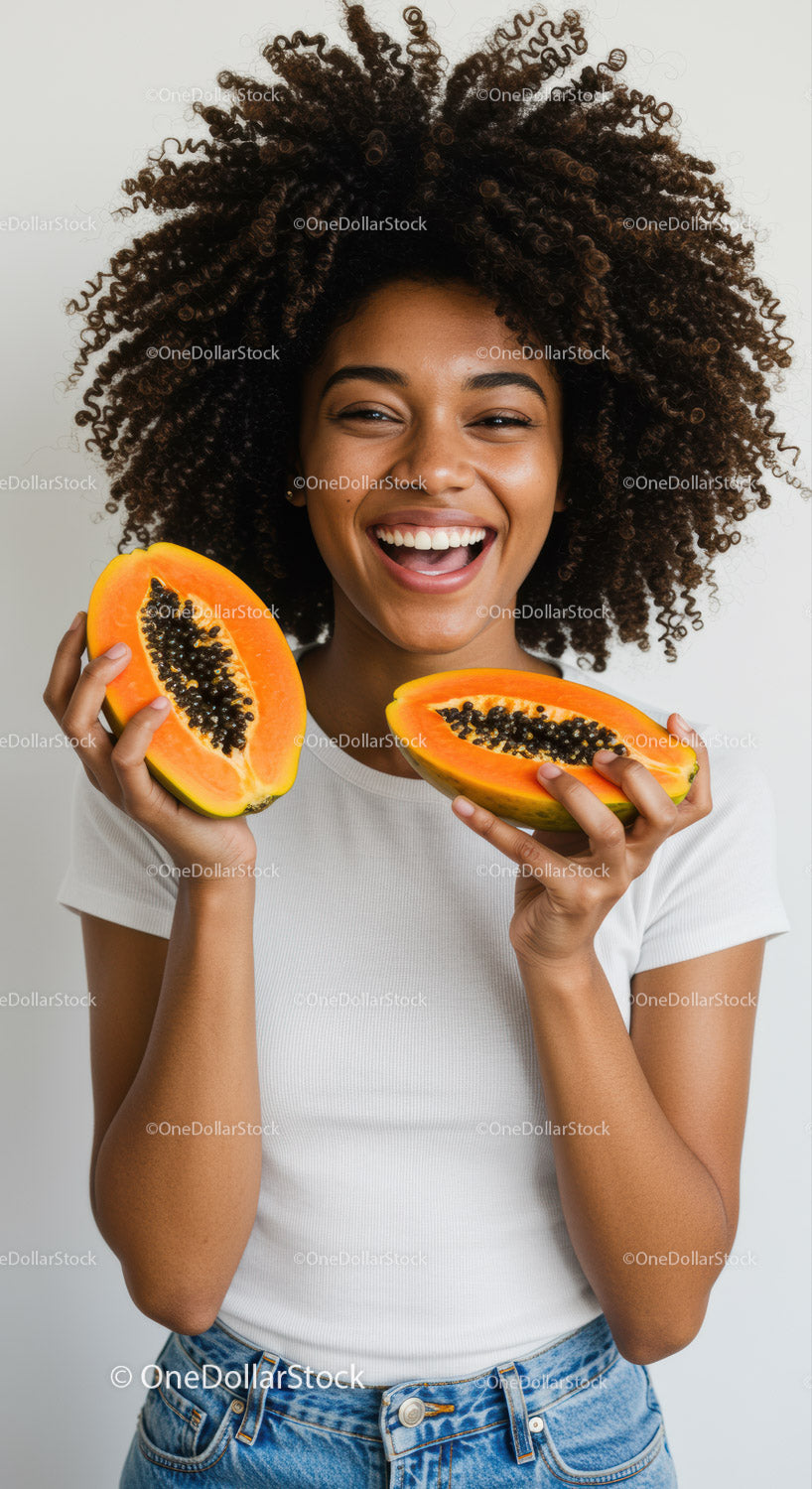 Joyful Woman Holding Ripe Papaya Slices in Bright Natural Light