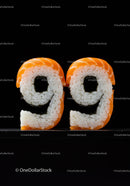 Number ninety nine shaped from sushi pieces on black