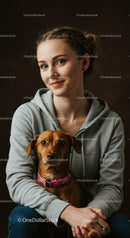 Young woman sitting with her small brown dog indoors