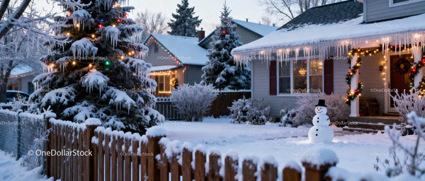 Cozy snow-covered neighborhood with holiday decorations