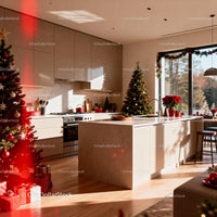 Modern kitchen decorated for a cozy Christmas celebration