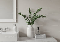 Modern Bathroom with Eucalyptus Branch and White Decor