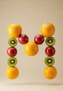 Letter M formed from fresh colorful fruits on beige