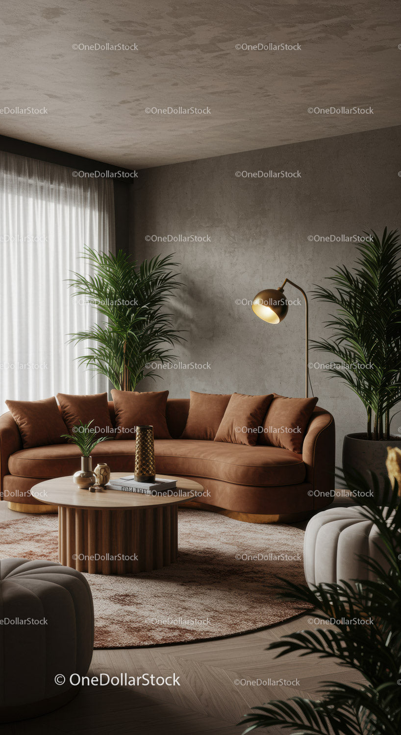 Cozy living room with curved sofa and lush plants