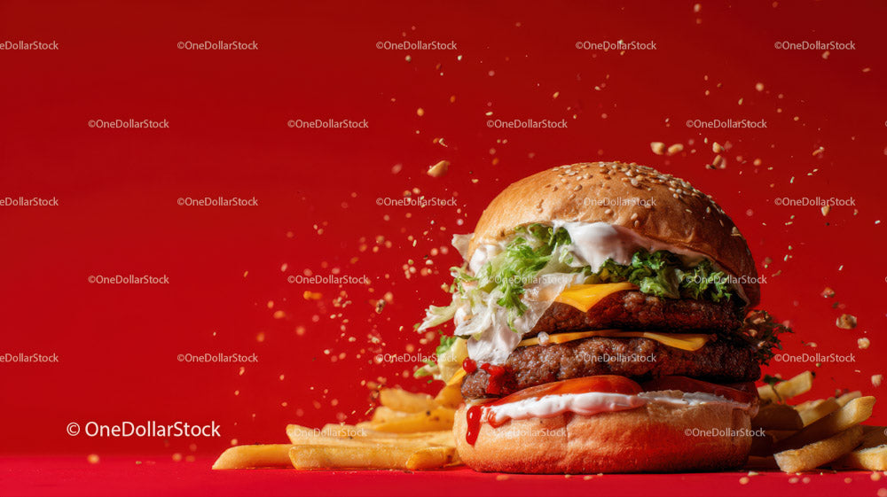 Juicy Hamburger with French Fries on Red Background