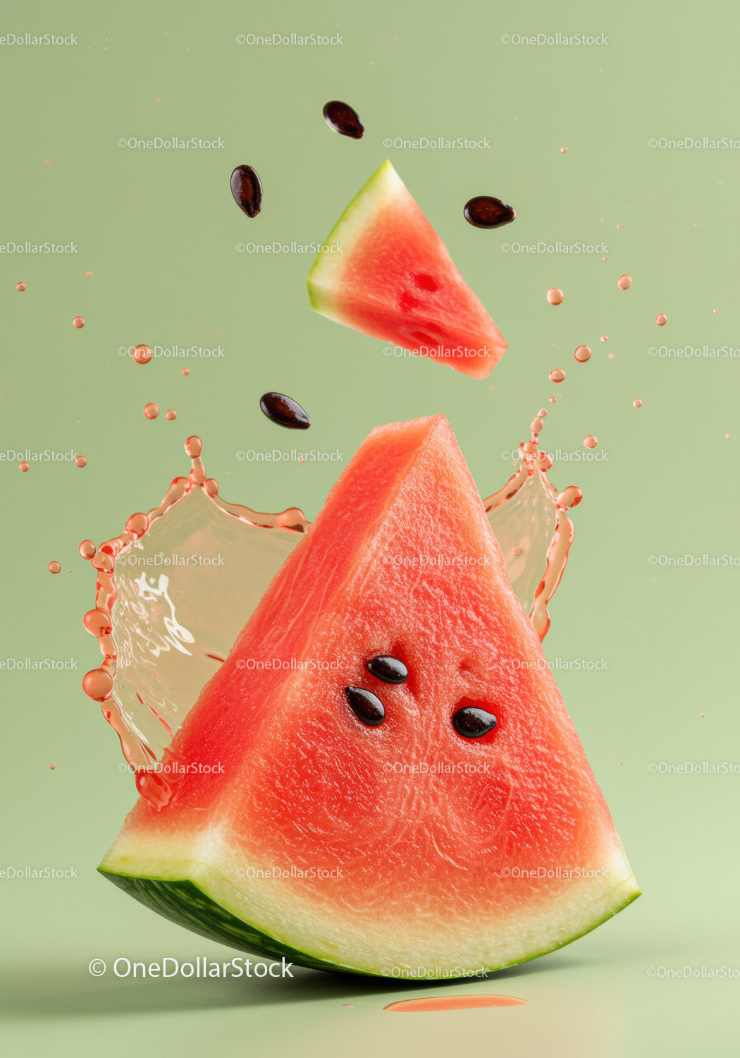 Fresh watermelon slices splashing with juice droplets