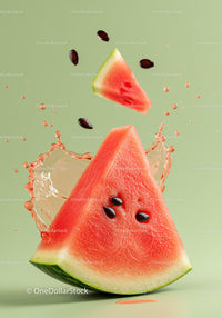 Fresh watermelon slices splashing with juice droplets