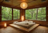 Cozy wooden bedroom with large forest view windows