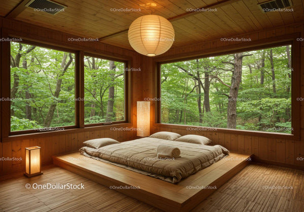 Cozy wooden bedroom with large forest view windows