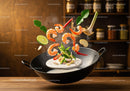 Fresh shrimp and spices cooking in wok with steam