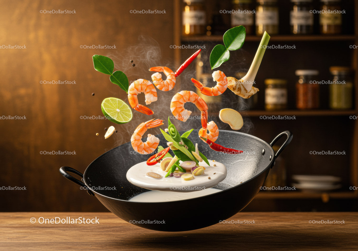 Fresh shrimp and spices cooking in wok with steam