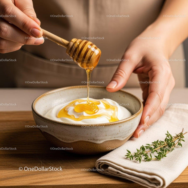 Honey Dip with Drizzling Honey in Rustic Kitchen Scene