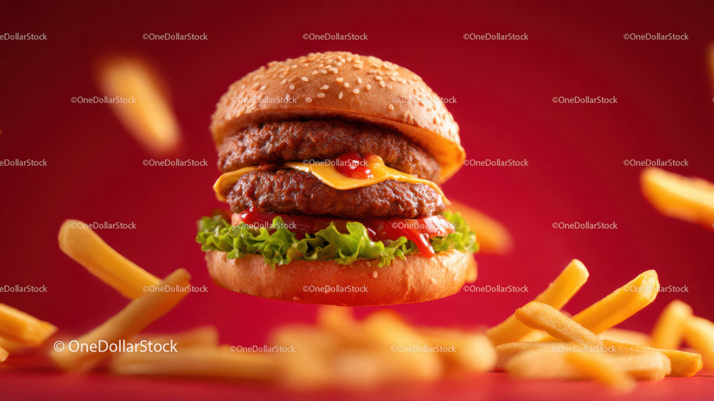 Juicy Cheeseburger with Lettuce, Tomatoes and French Fries