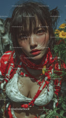 Young Woman in Red Jacket with Wet Hair Surrounded by Yellow Flowers