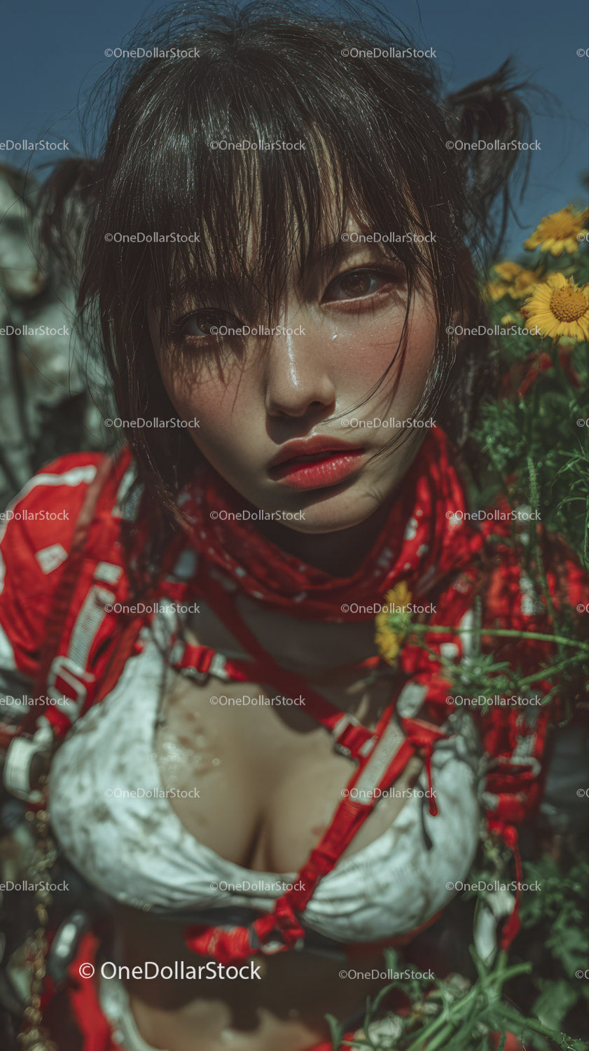 Young Woman in Red Jacket with Wet Hair Surrounded by Yellow Flowers