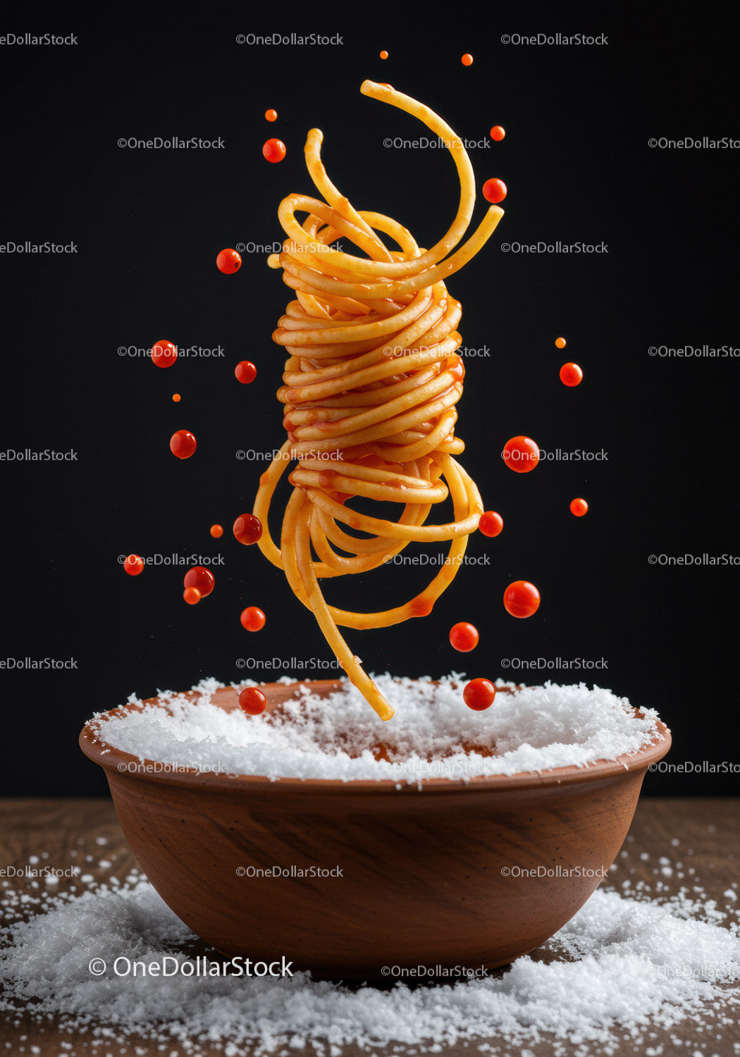 Latający spaghetti z czerwonym sosem nad miską soli