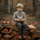 Young boy sitting on firewood stack holding red apple
