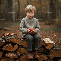 Young boy sitting on firewood stack holding red apple