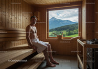 Man Relaxing in Sauna With Scenic Mountain and Green Landscape View